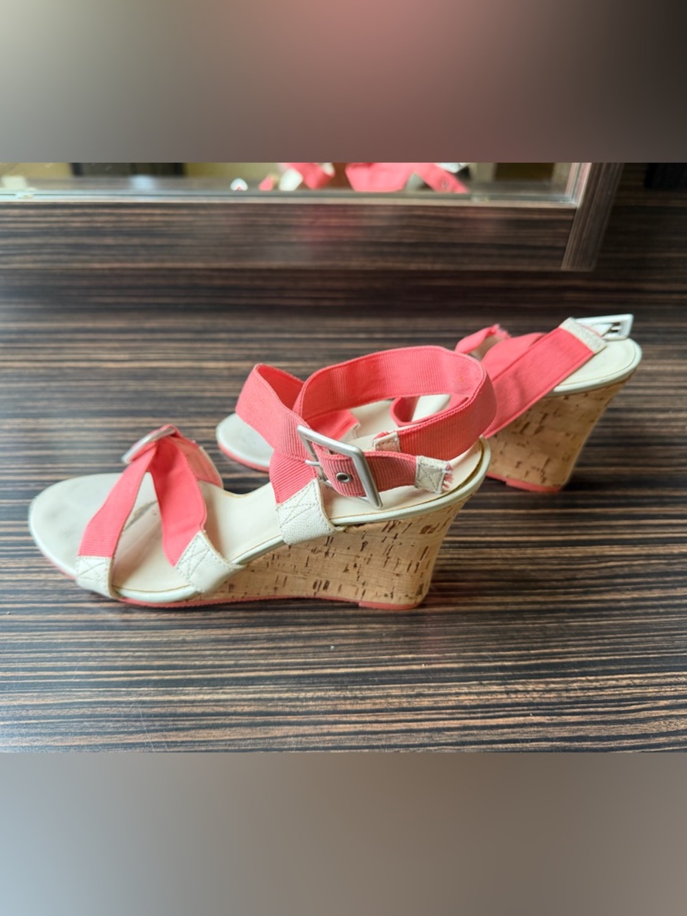 Farylrobin Coral and Cream Cork Wedge Sandals
